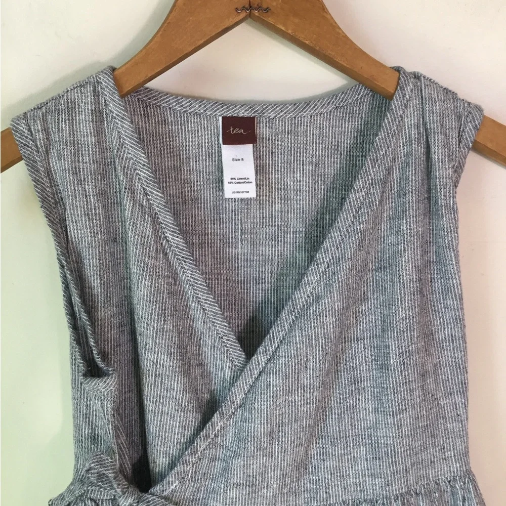 Tea Collection Linen Cotton Blend Gray and White Stripe Wrap Dress - Picture 3 of 3
